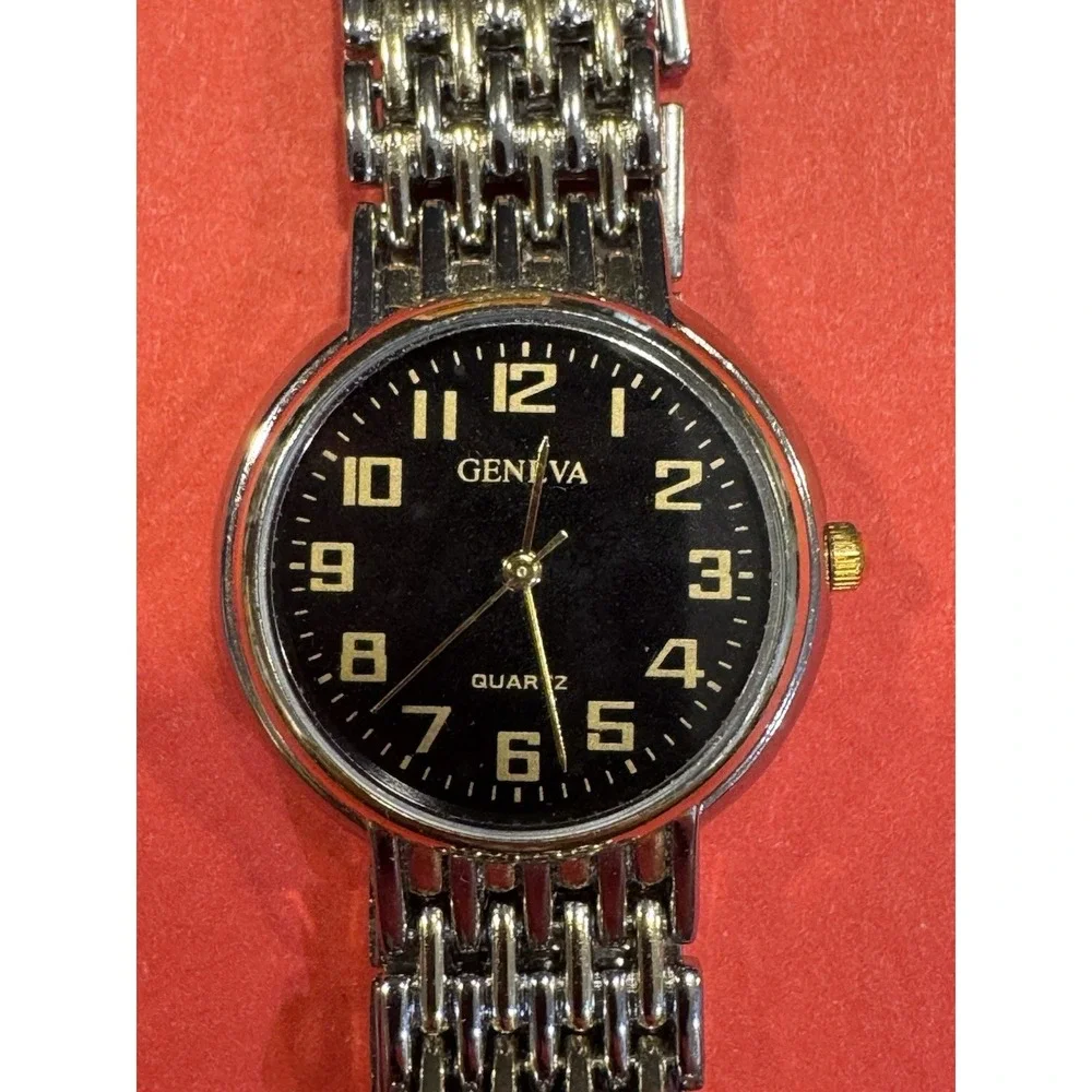 Geneva Quartz Watch Black Dial Gold Numbers Metal Band 8